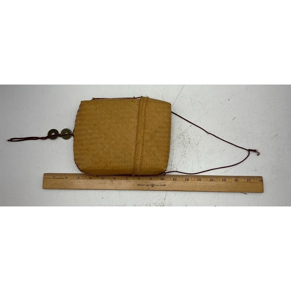 Handmade Woven Bag Backpack Vintage Basket Tan Bamboo With Lid & Chinese Coin